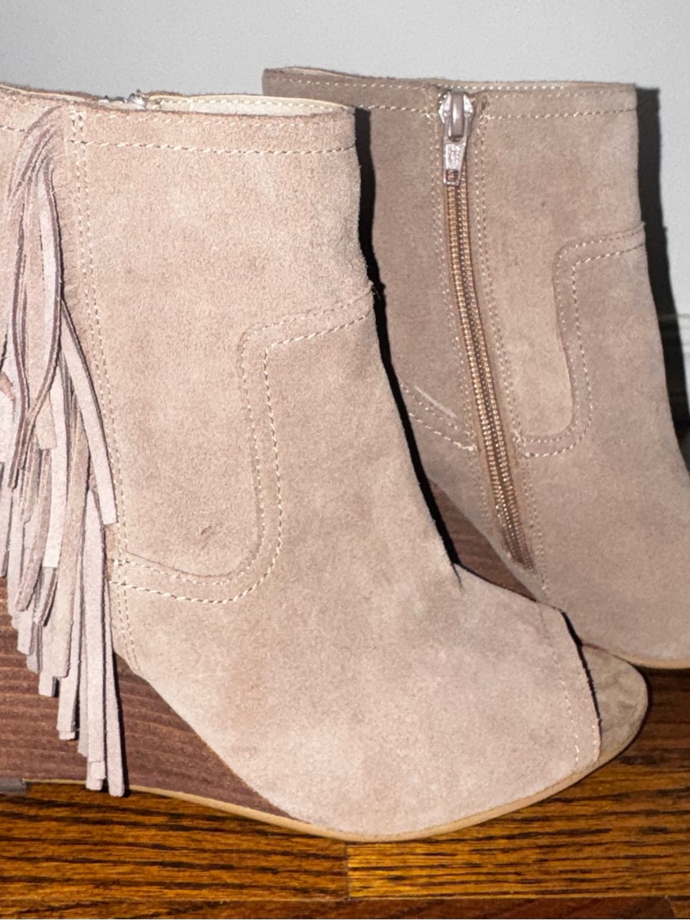 Abound Taupe Fringe Suede Peep-Toe Ankle Booties